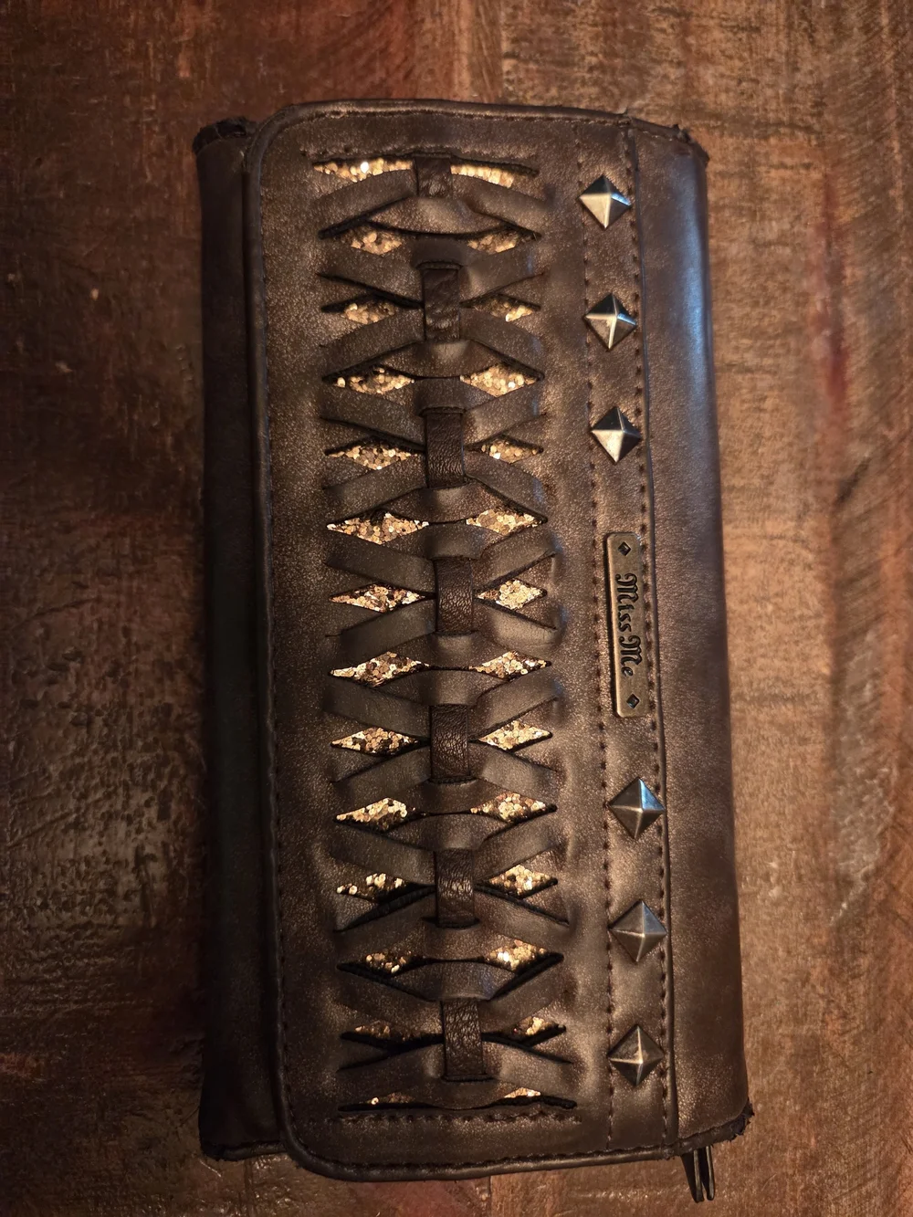Miss Me Black Wallet with Gold Underlay and Studs
